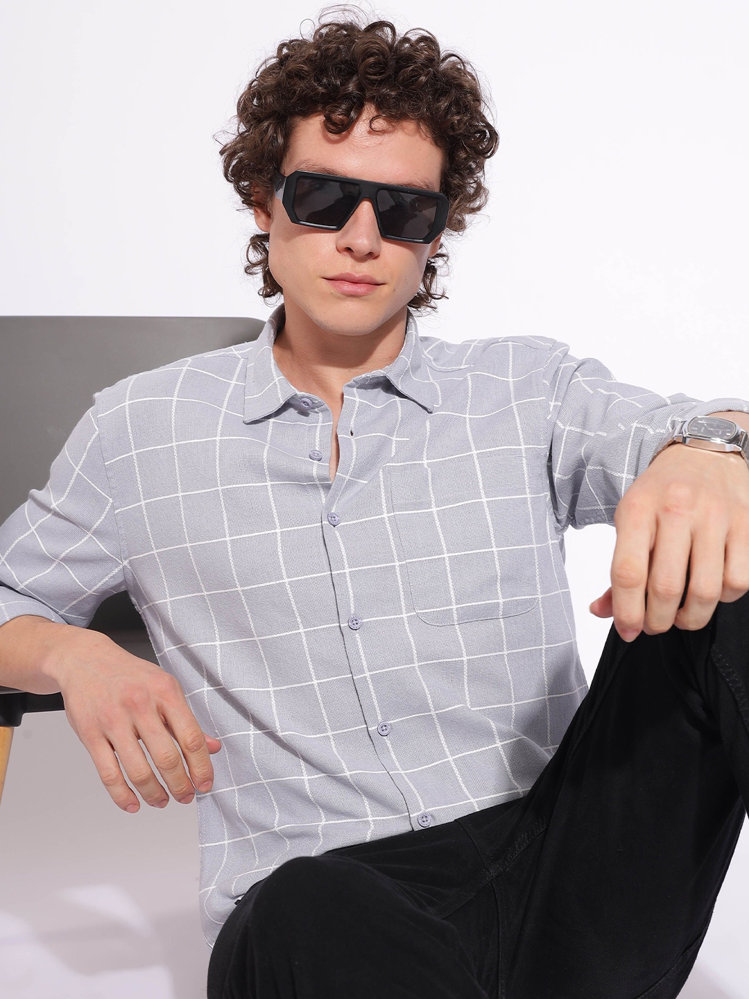 

HERE&NOW Men Slim Fit Windowpane Checks Opaque Checked Casual Shirt, Grey