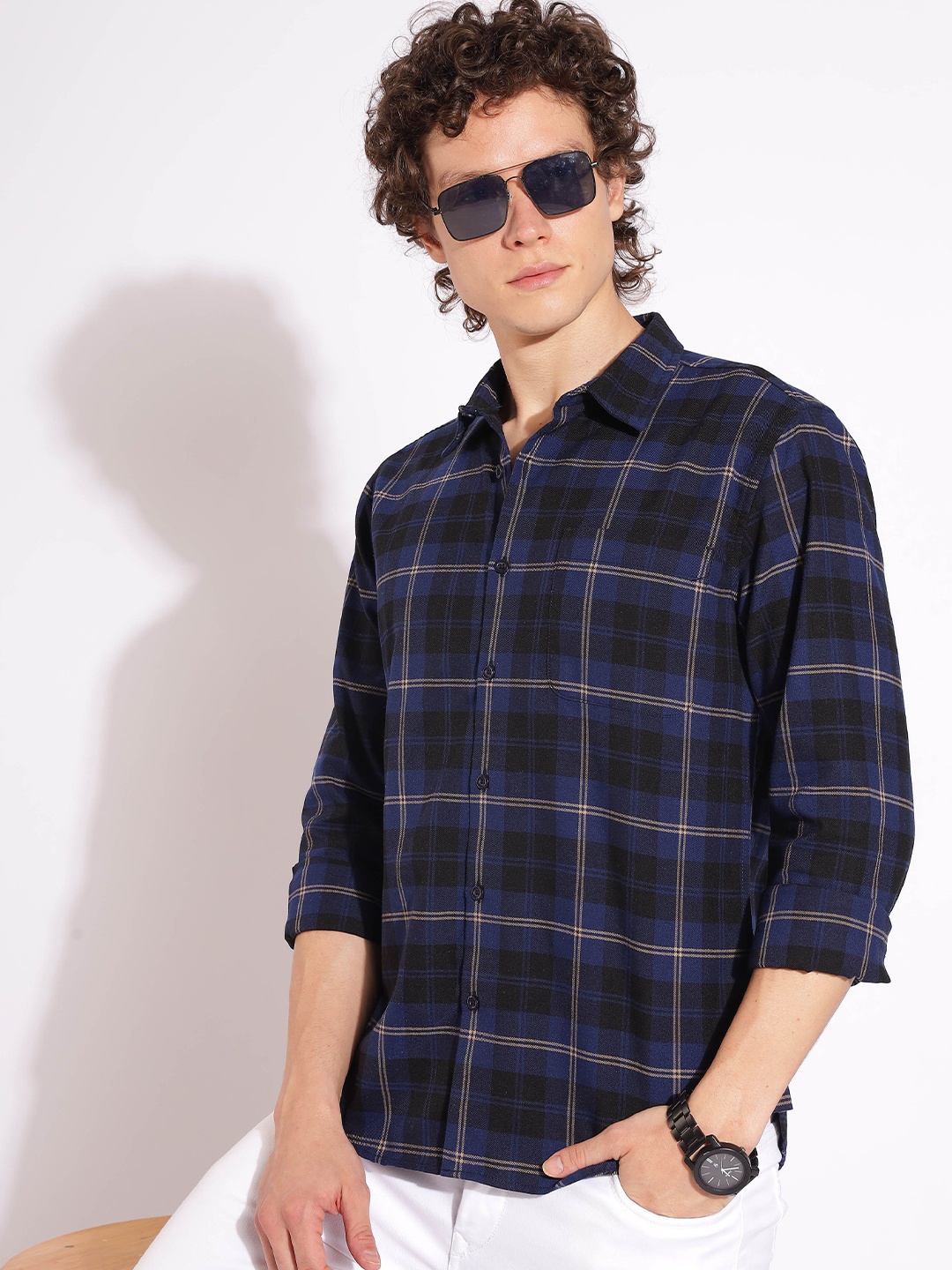 

HERE&NOW Men Slim Fit Tartan Checks Opaque Checked Casual Shirt, Navy blue