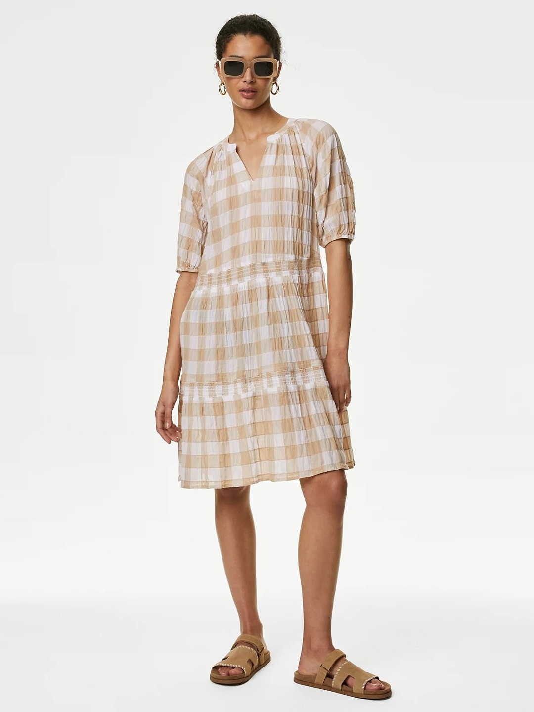 

Marks & Spencer Checked Fit & Flare Dress, Beige
