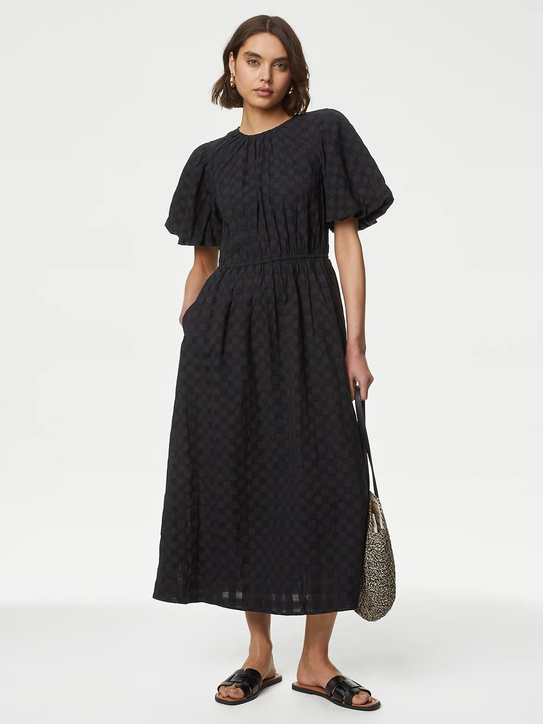

Marks & Spencer Print Puff Sleeve Fit & Flare Dress, Black