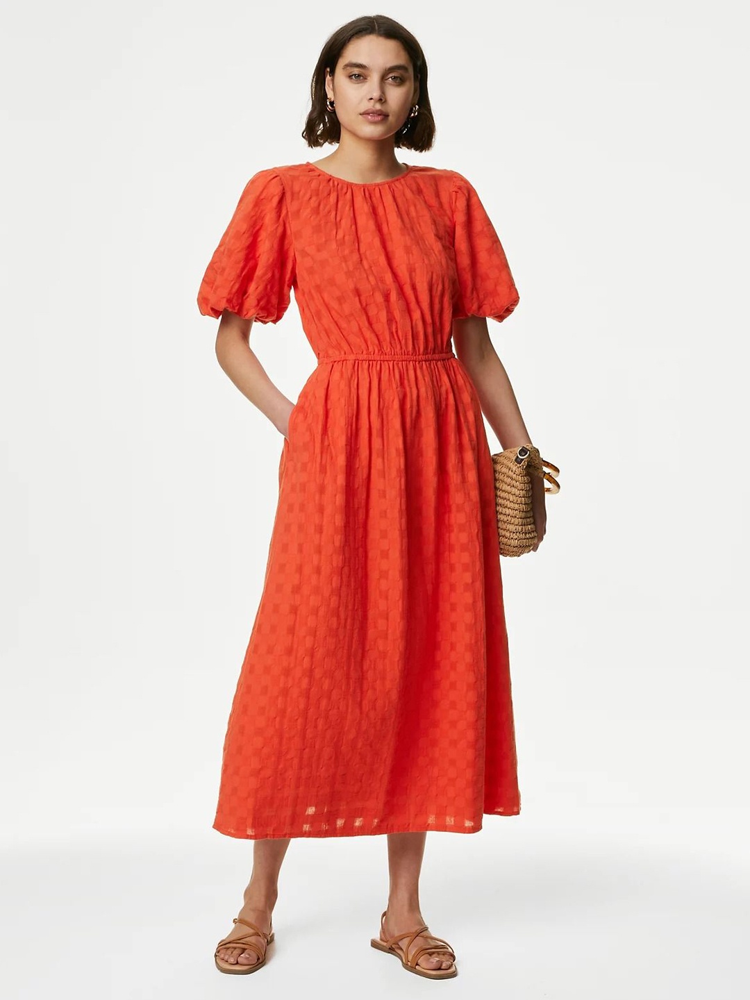 

Marks & Spencer Flared Sleeve Fit & Flare Midi Dress, Orange