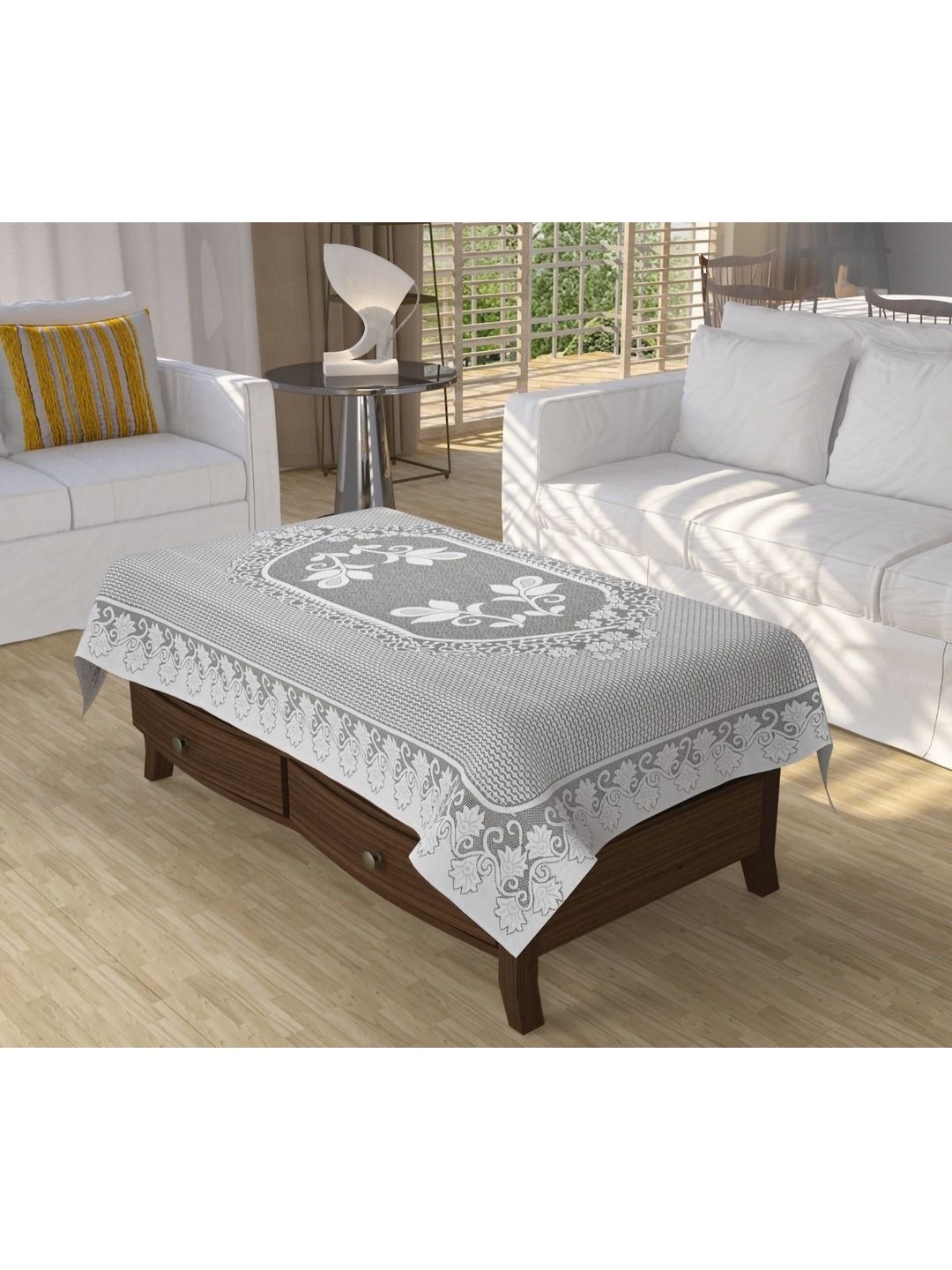 

BIGGER FISH Grey Floral Cotton 4-Seater Table Cover