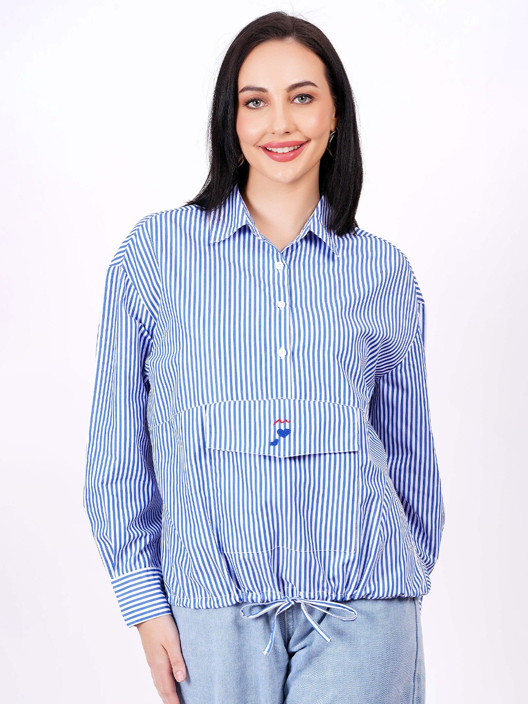 MINGLAY Striped Shirt Style Top, Navy blue