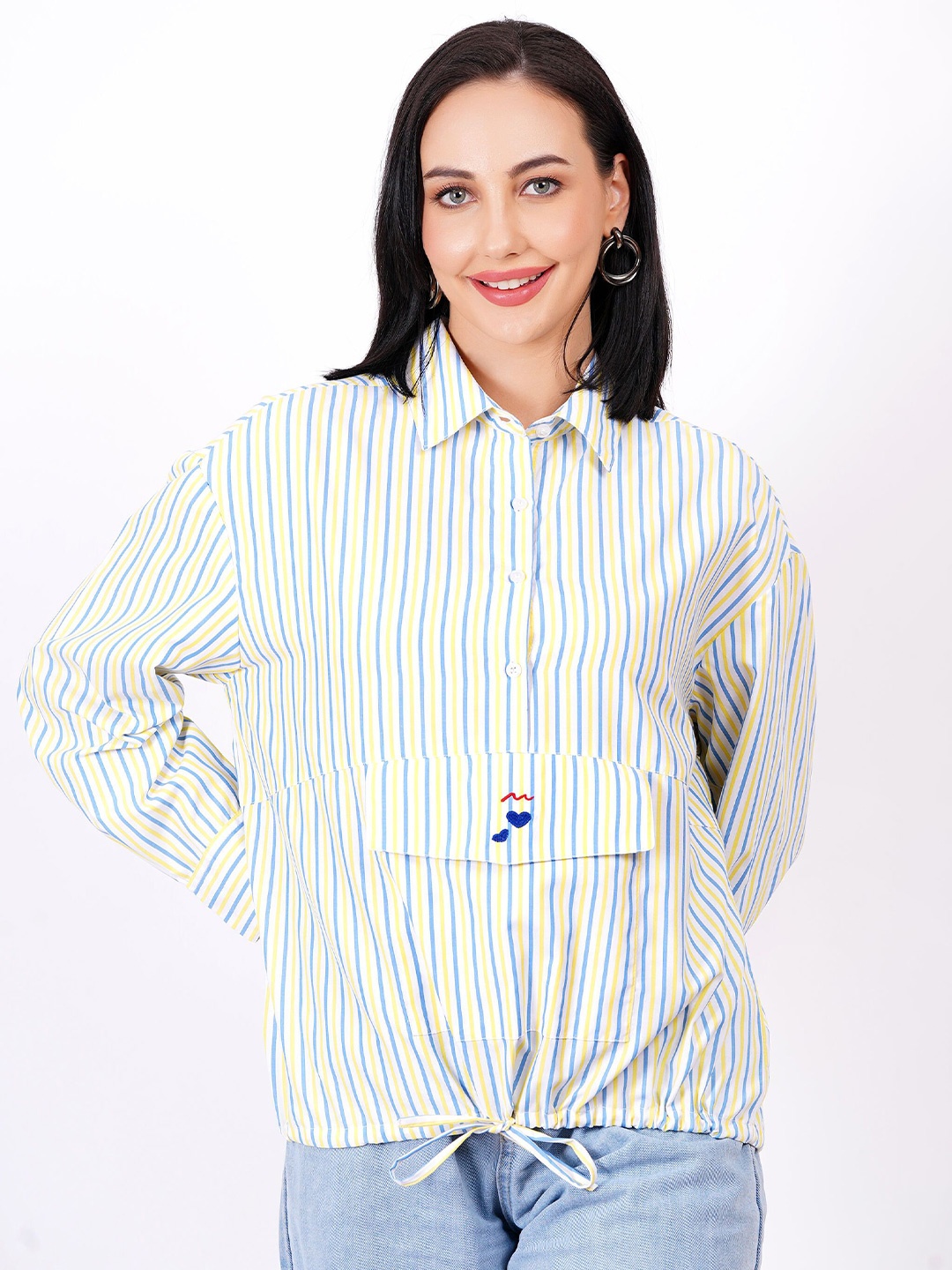 MINGLAY Striped Extended Sleeves Shirt Style Top, Yellow