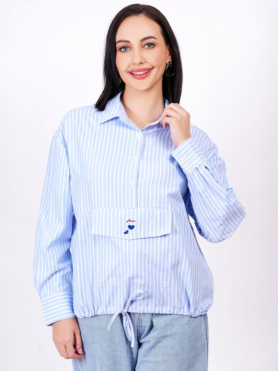 

MINGLAY Striped Shirt Style Top, Teal
