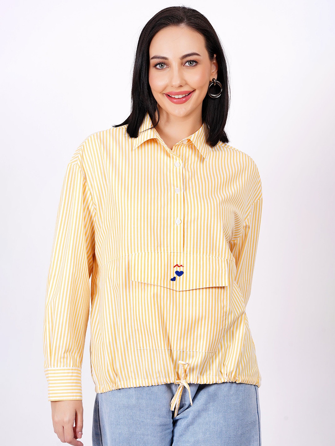 

MINGLAY Striped Shirt Style Top, Mustard