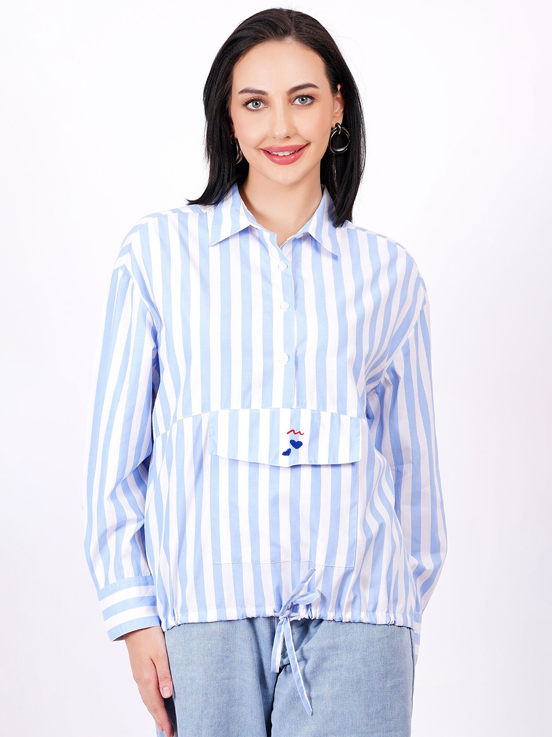 

MINGLAY Striped Shirt Style Top, White