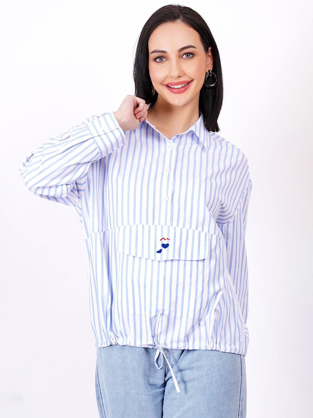 

MINGLAY Striped Extended Sleeves Shirt Style Top, Na