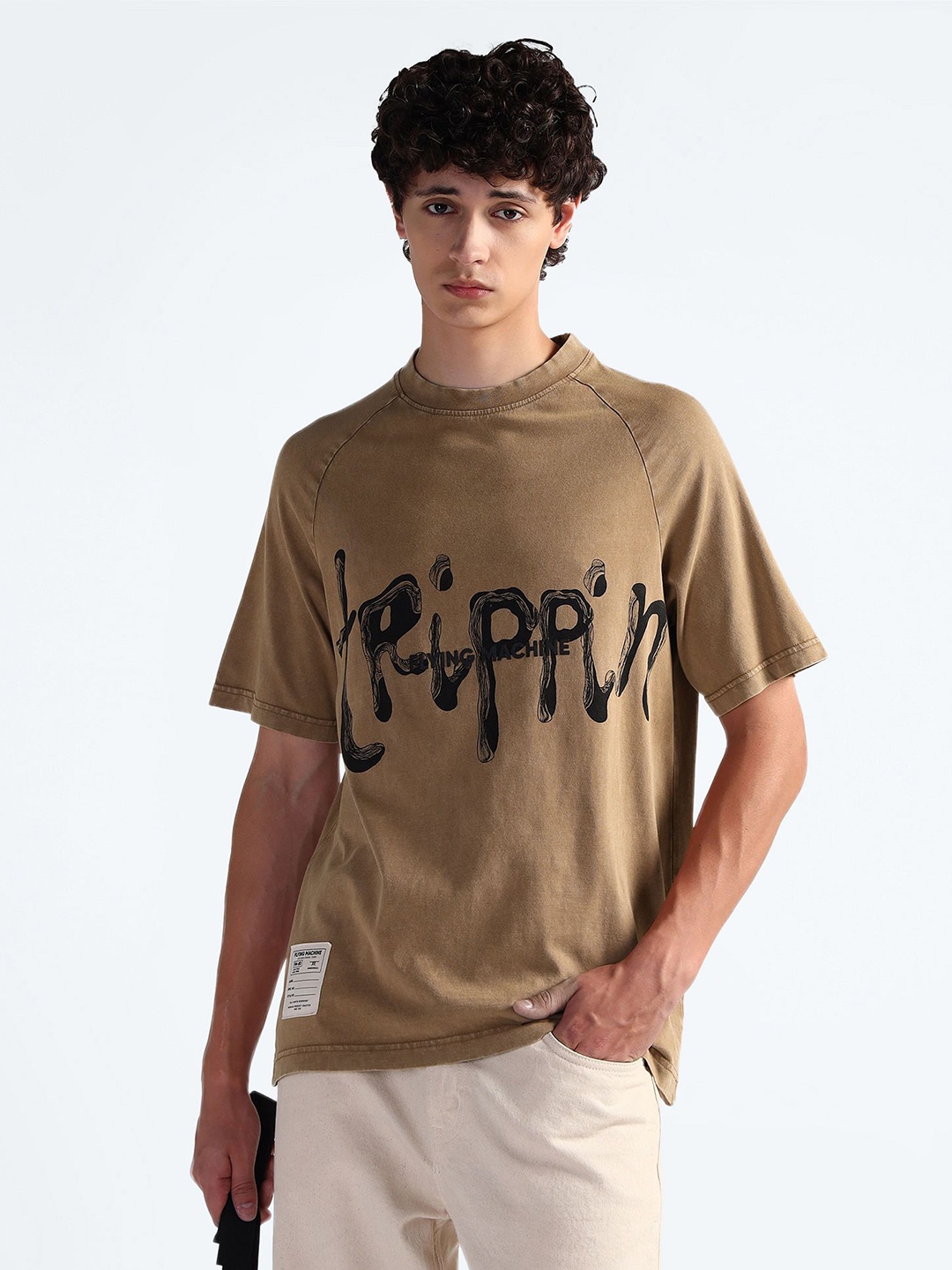 Flying Machine Men Typography Printed Pockets T-shirt, Brown