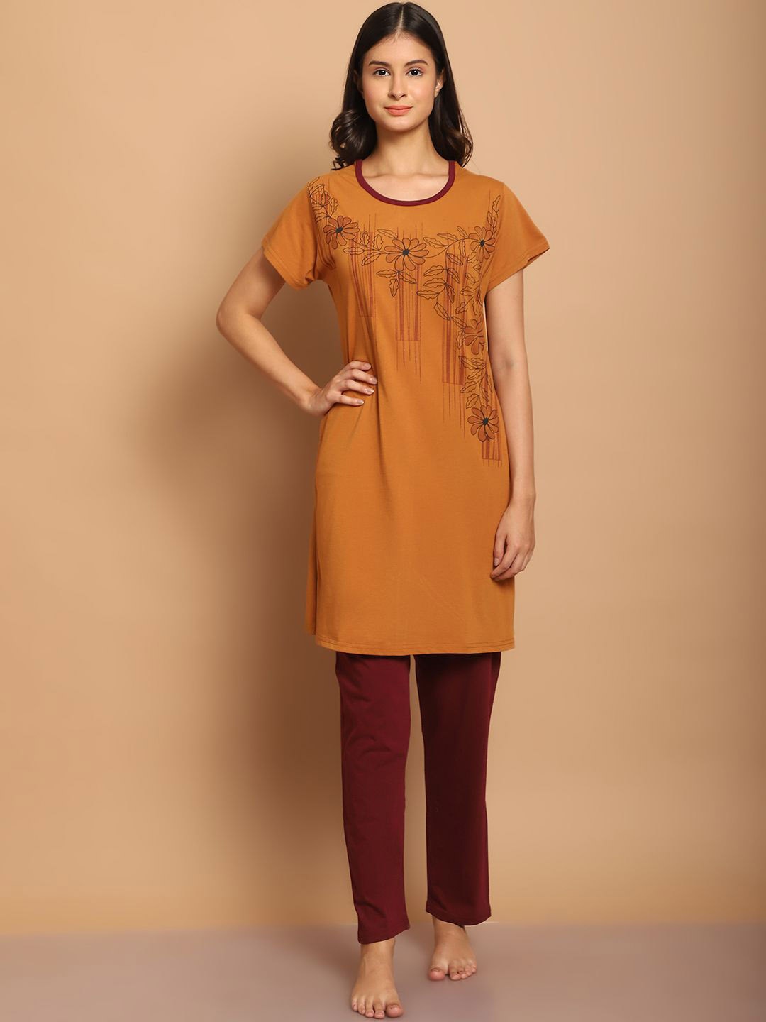 PERFECT LINE Women Printed Night suit, Mustard