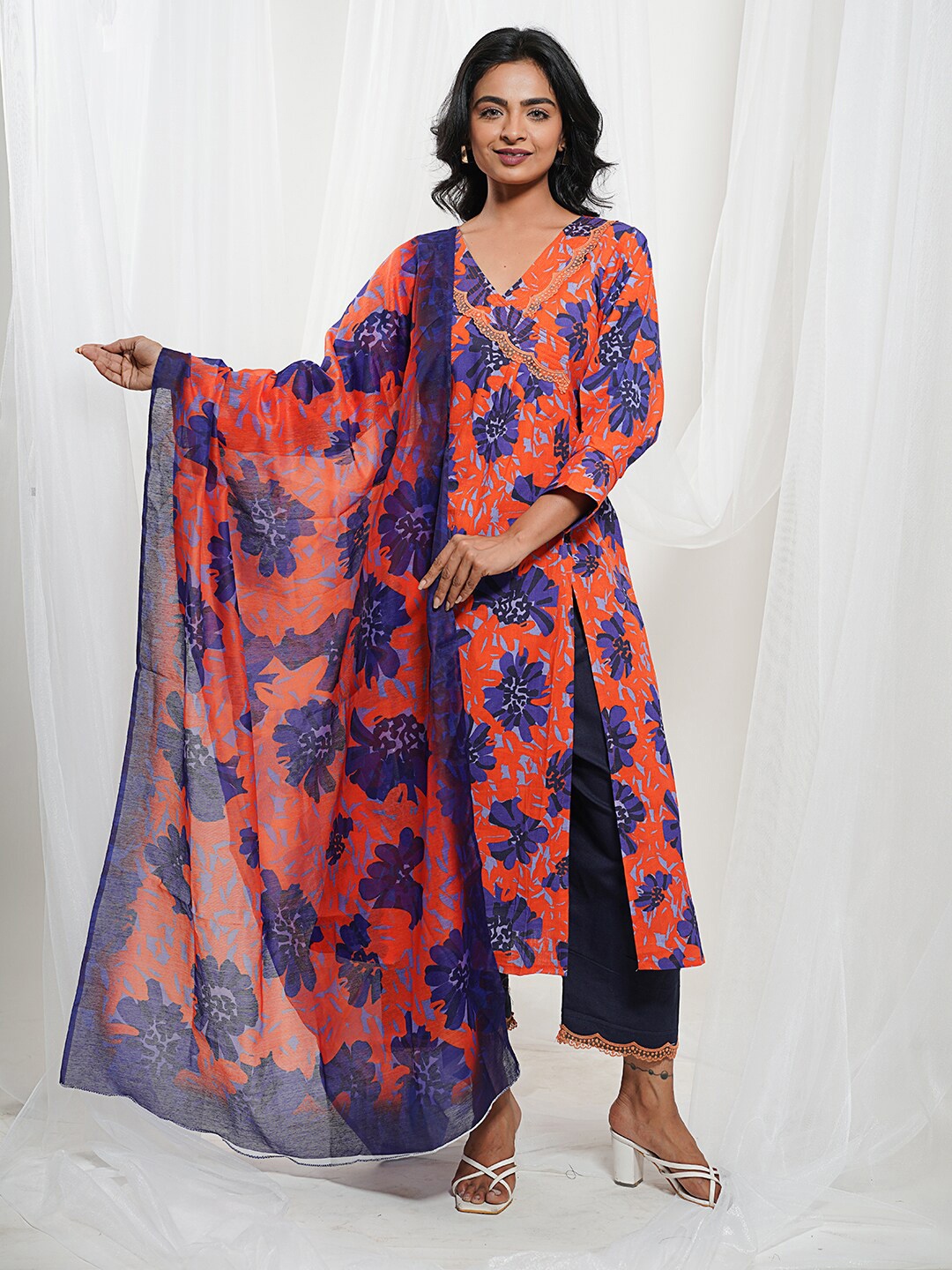THE SAFFRON SAGA Floral Print Cape Sleeve Maxi Dress, Purple
