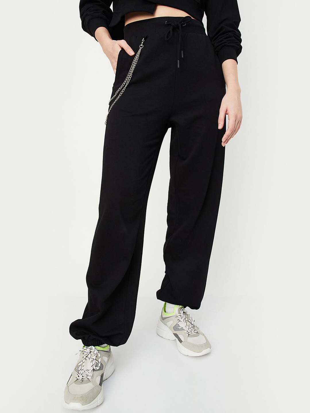 

max Women Pure Cotton Relaxed-Fit Track Pants, Black