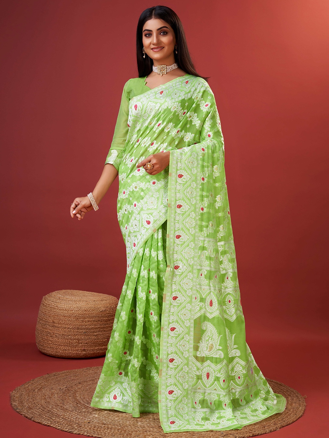 

VEECHIS Floral Zari Silk Cotton Banarasi Saree, Sea green