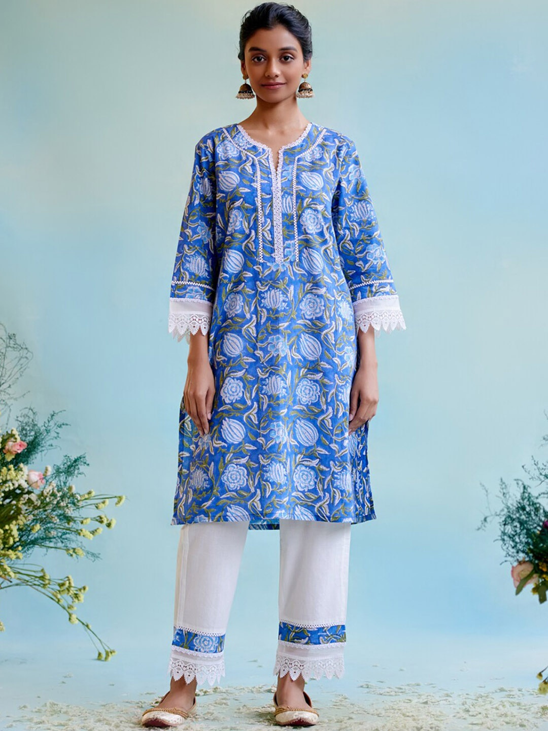 NERO Women Printed Regular Kurta with Trousers, Blue
