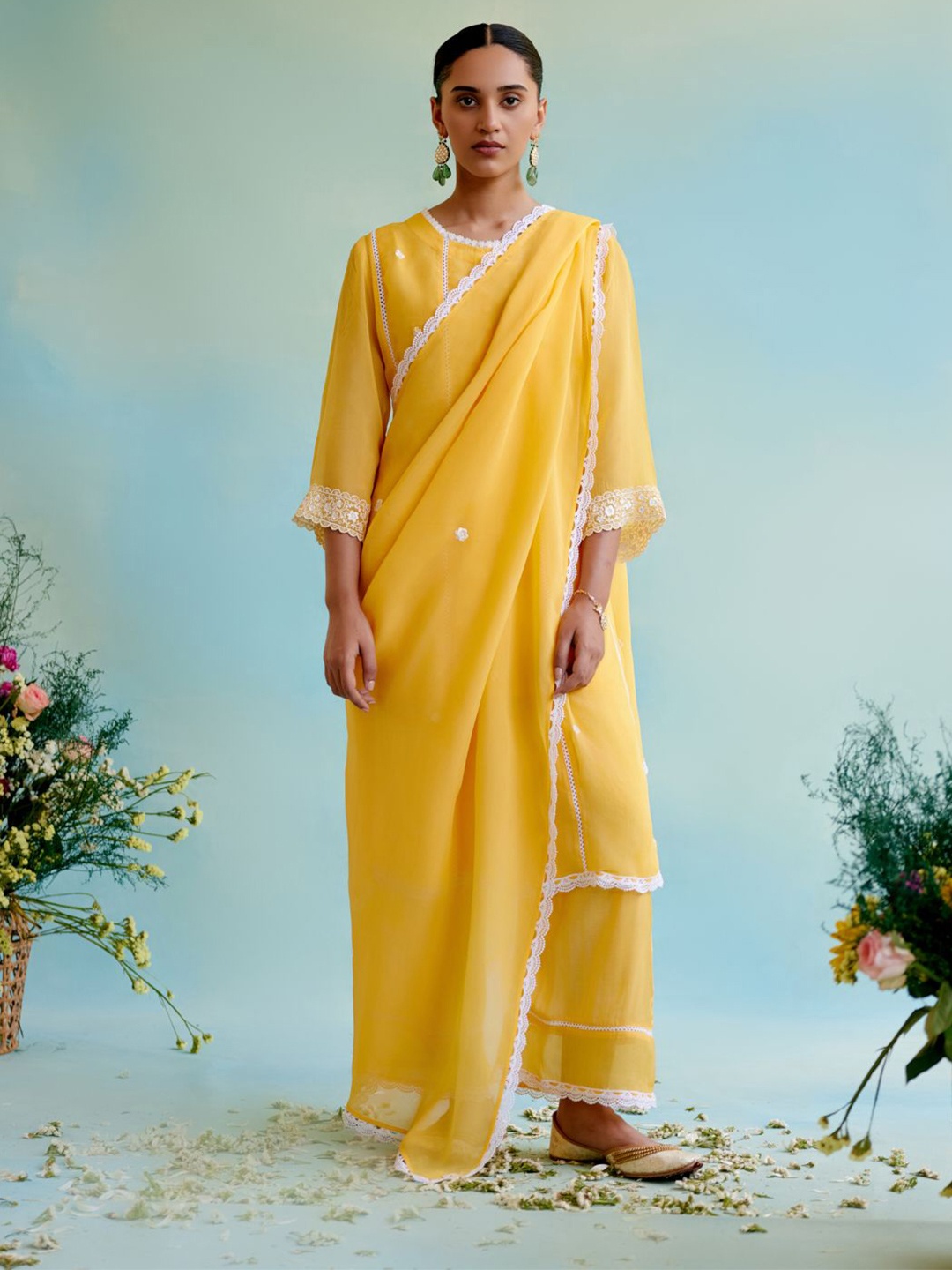 

NERO Embroidered Organza Dupatta, Yellow