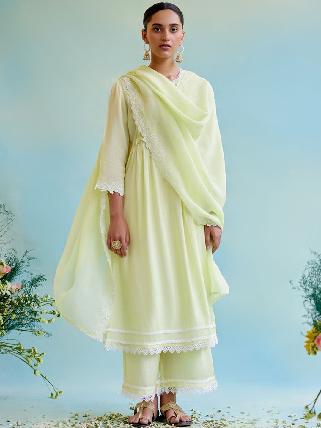 

NERO Women Embroidered Regular Thread Work Raw Silk Kurta with Palazzos & With Dupatta, Lime green