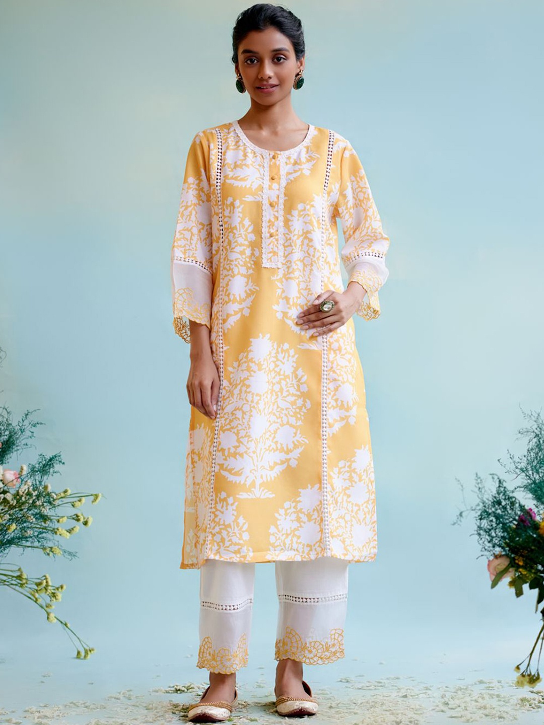 NERO Women Floral Printed Regular Thread Work Kurta with Trousers & With Dupatta, Yellow