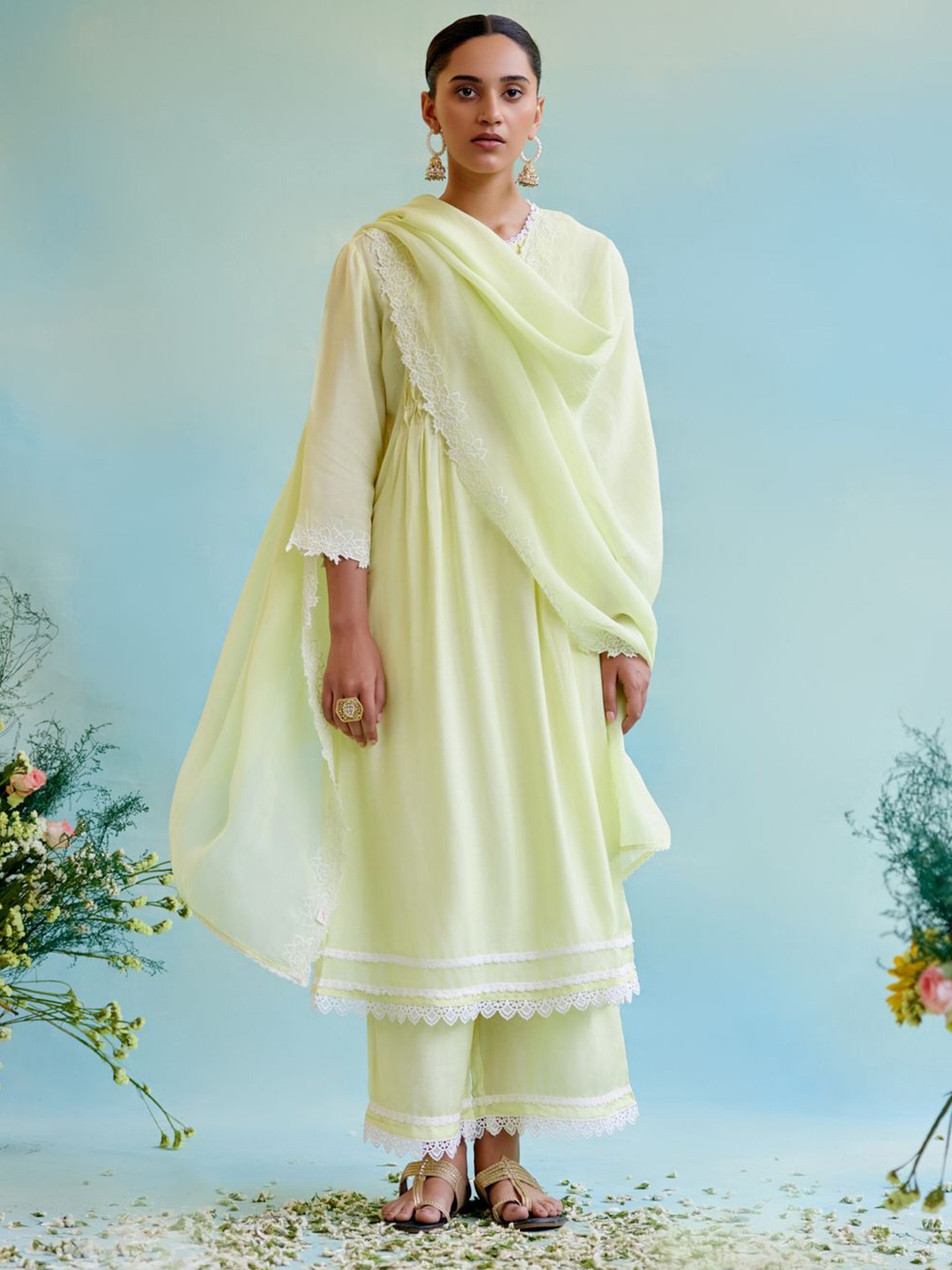 NERO Organza Dupatta with Thread Work, Lime green