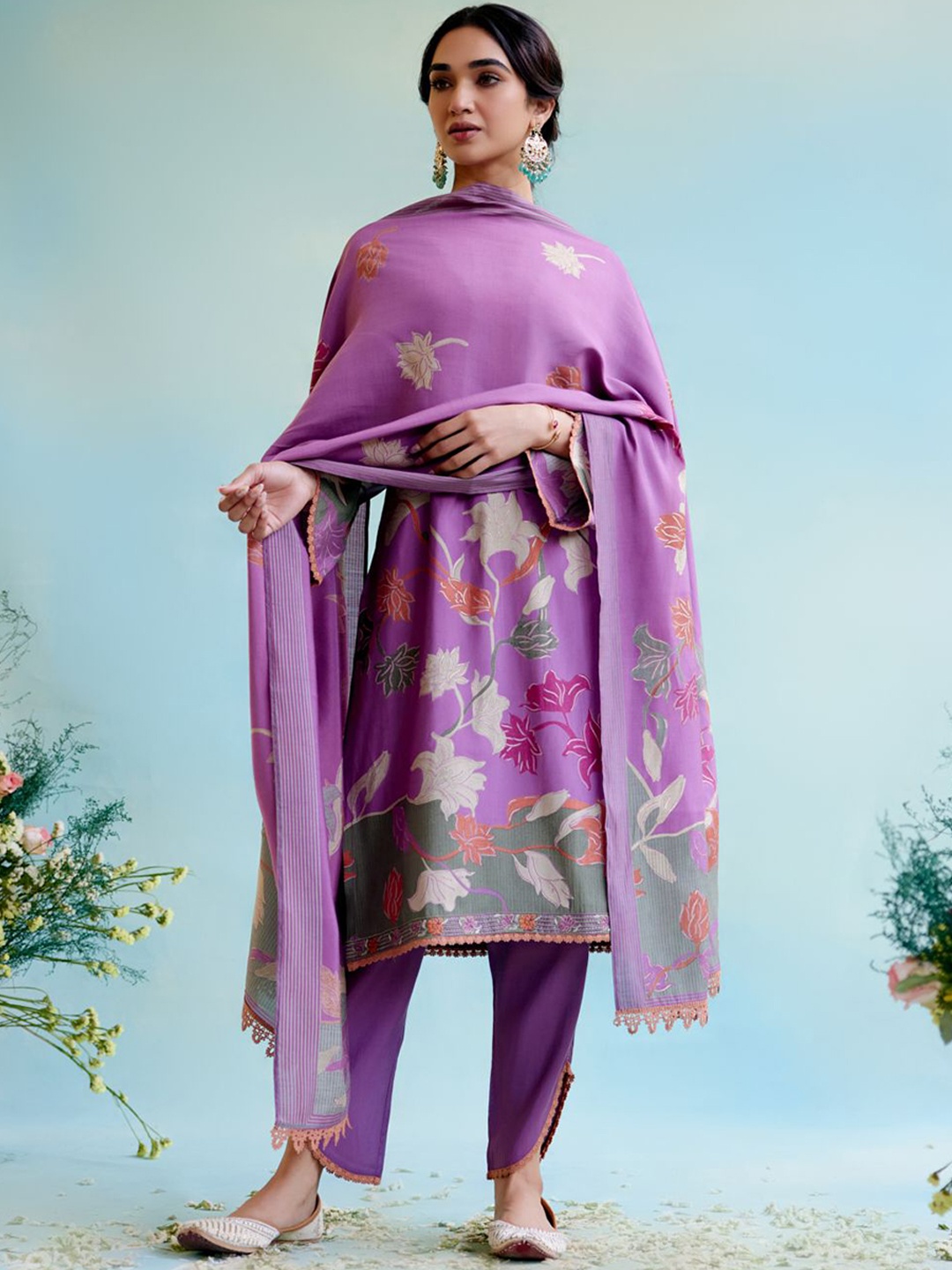 NERO Women Floral Printed Regular Chanderi Cotton Kurta with Trousers & With Dupatta, Purple