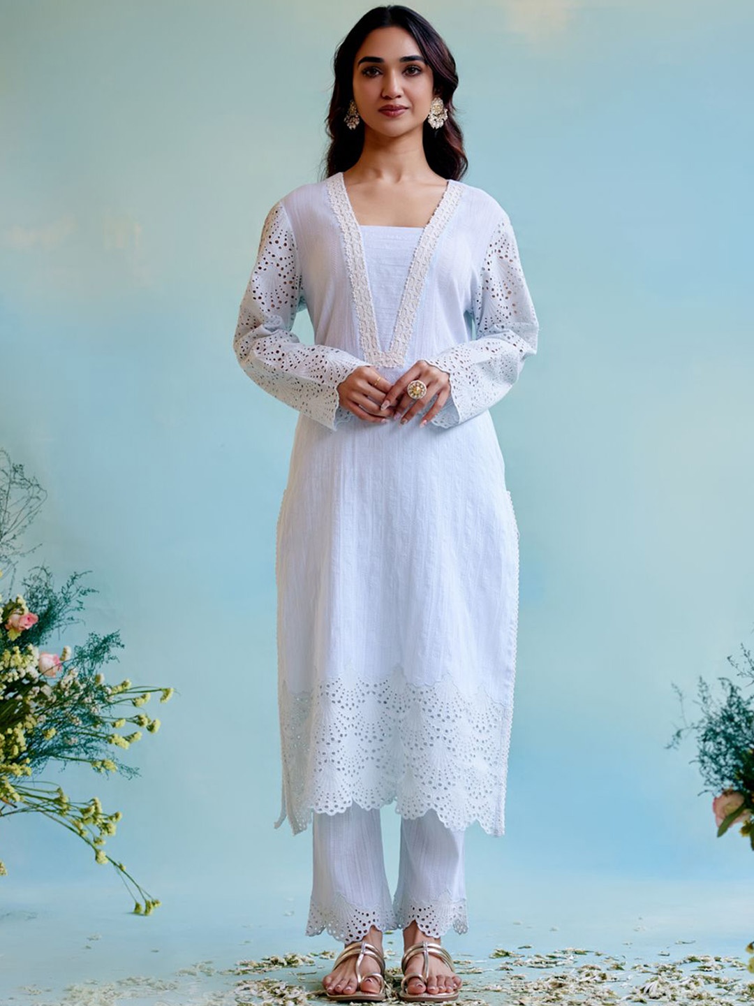 NERO Women Regular Pure Cotton Kurta with Trousers & With Dupatta, White