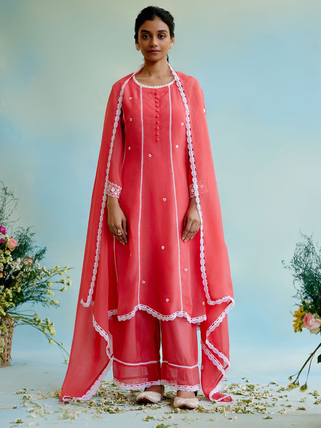 

NERO Embroidered Organza Dupatta, Coral