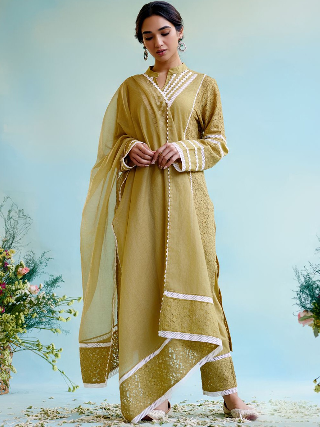 NERO Women Ethnic Motifs Embroidered Regular Pure Cotton Kurta with Trousers & With Dupatta, Yellow