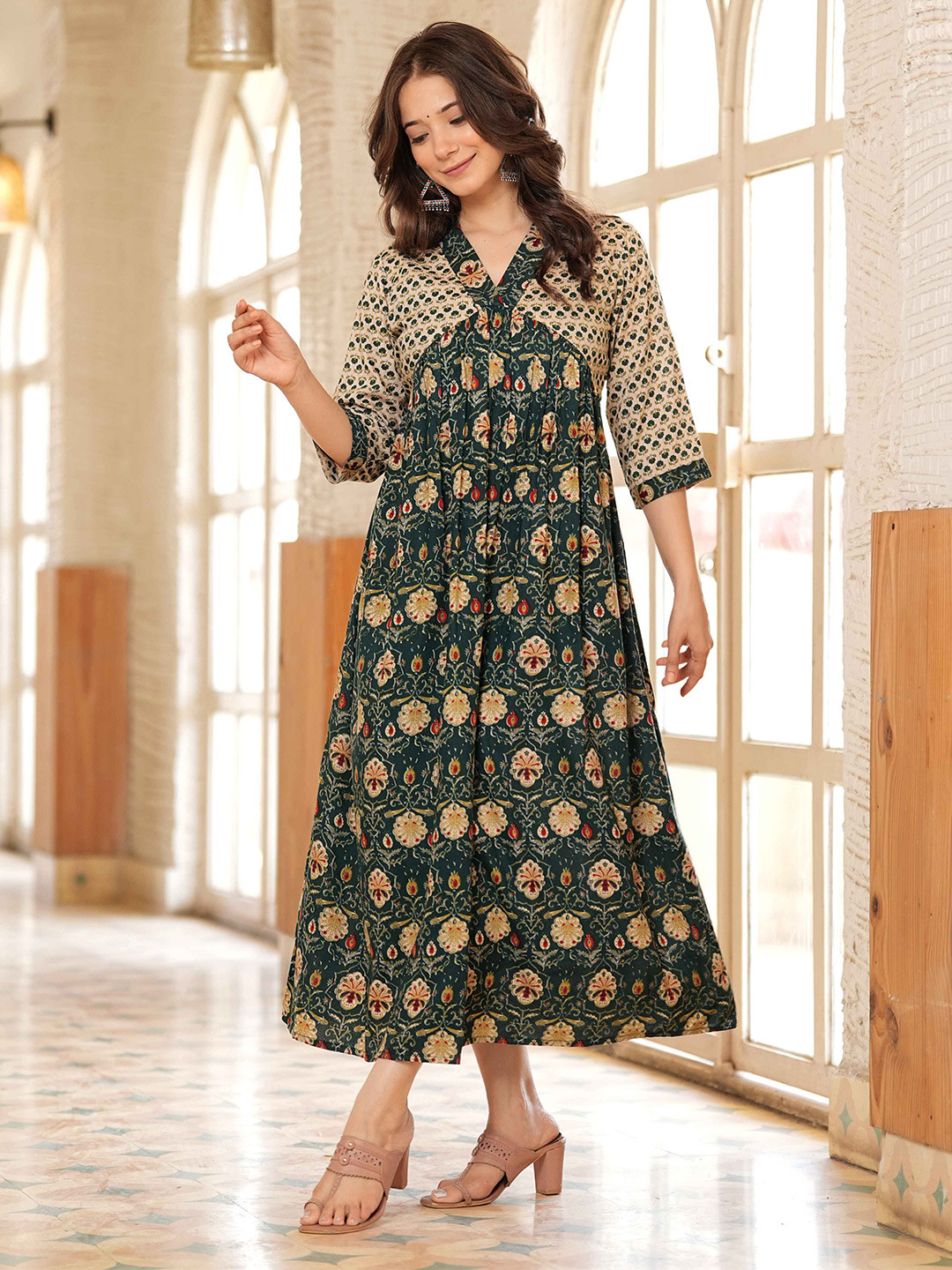 

INDIANIC Floral Print Maxi Midi Dress, Green