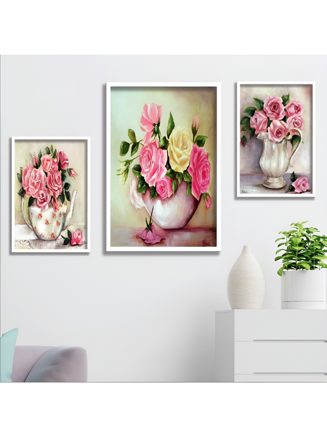 Aura Green & Pink 3 Piece Wood Other Wall Paintings