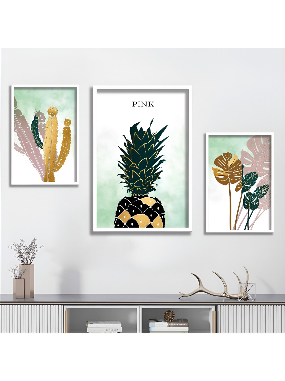 Aura White & Green 3 Piece Wood Other Wall Paintings
