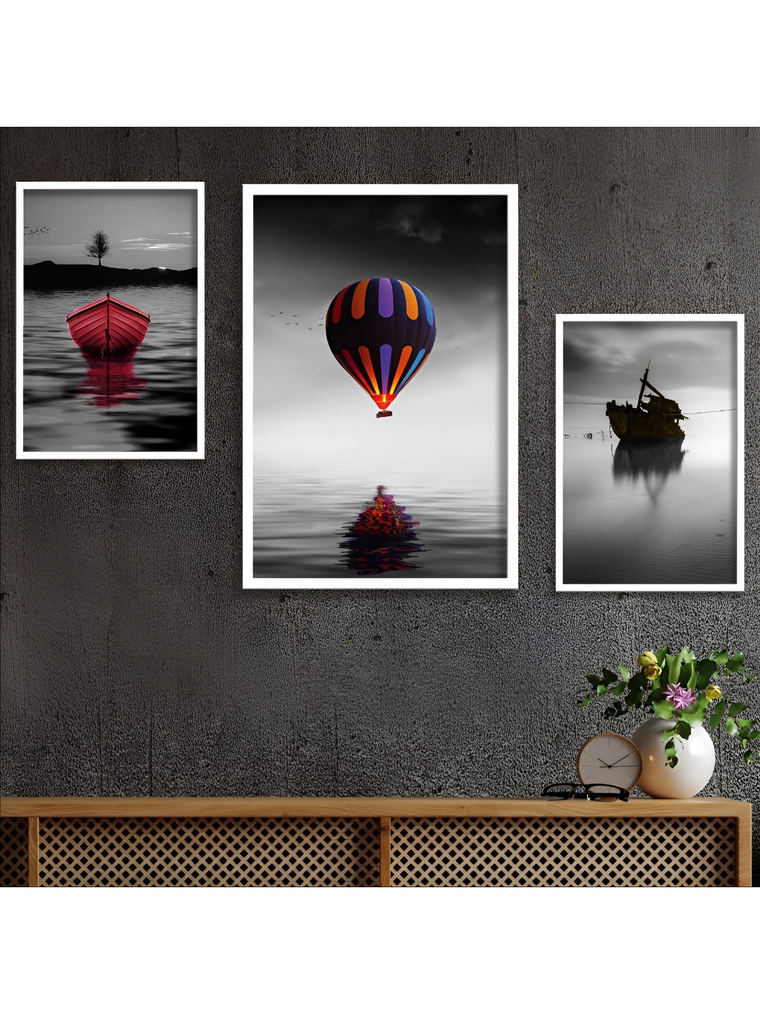 Aura Grey & Red 3 Piece Wood Other Wall Paintings