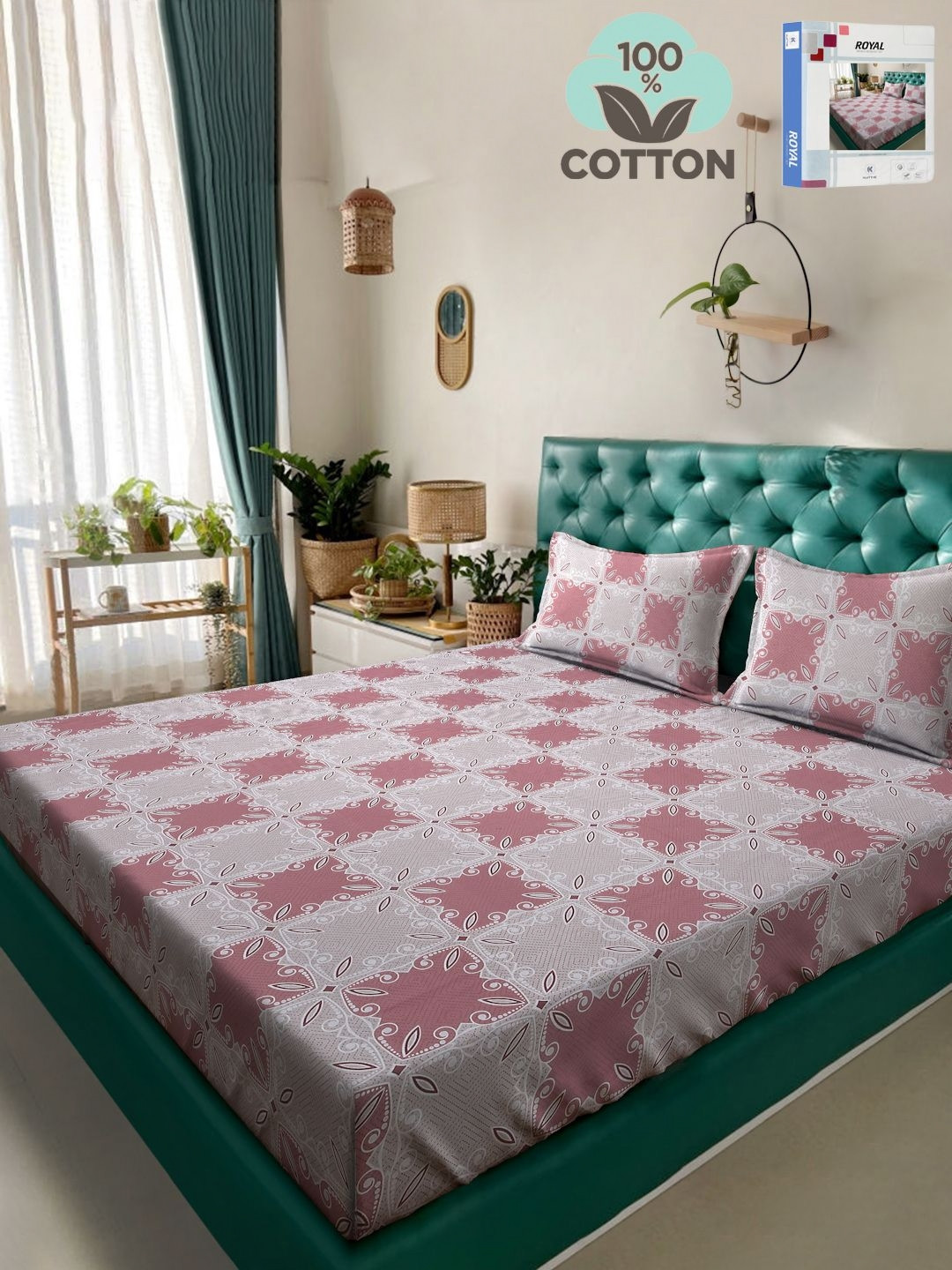 

KLOTTHE Pink & Grey Printed Pure Cotton 400 TC Double King Bedsheet With 2 Pillow Covers