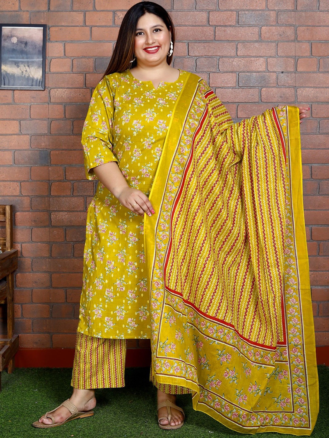

KALINI Women Floral Printed Regular Sequinned Pure Cotton Kurta with Trousers & With Dupatta, Yellow
