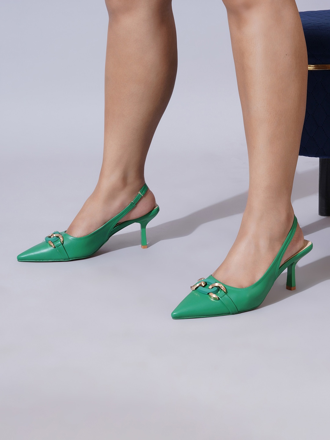 

Sherrif Shoes PU Party Kitten Mules with Buckles, Green