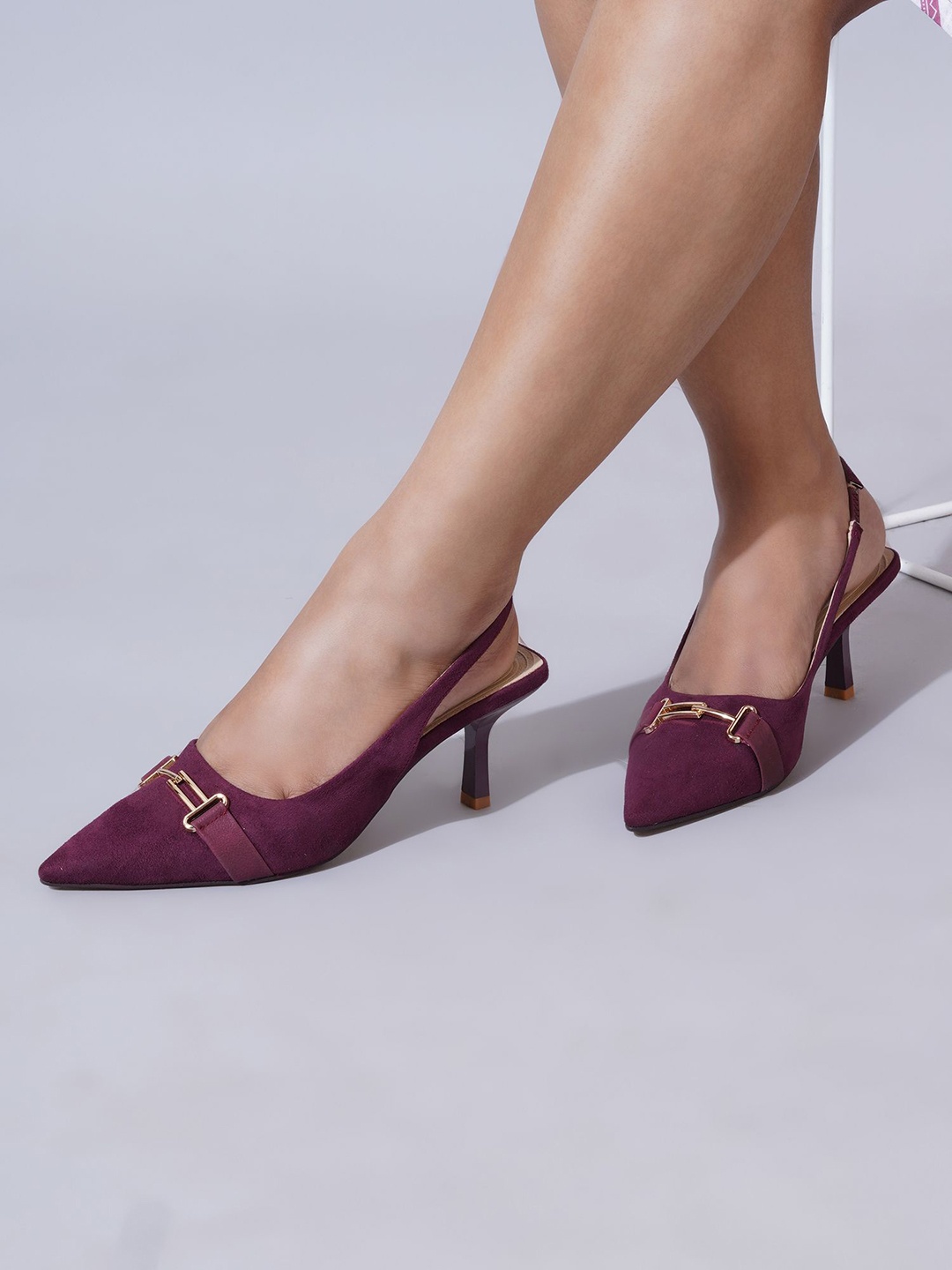 

Sherrif Shoes Suede Party Block Slingback Pumps with Buckles, Maroon