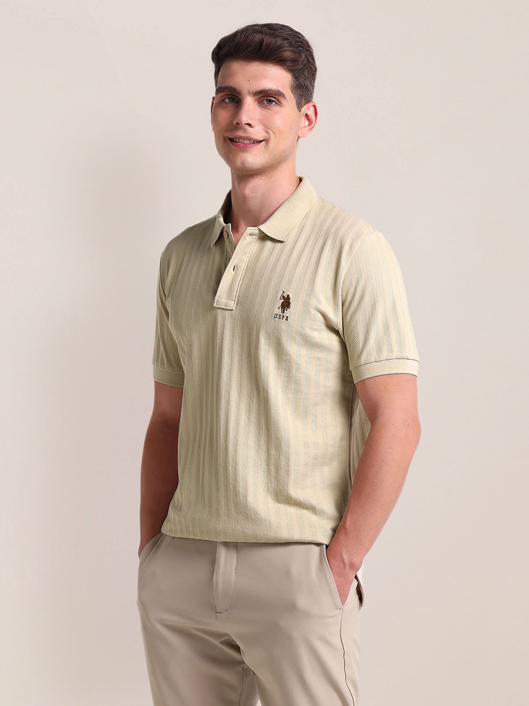 

U.S. Polo Assn. Men Striped Polo Collar Pockets Slim Fit T-shirt, Brown
