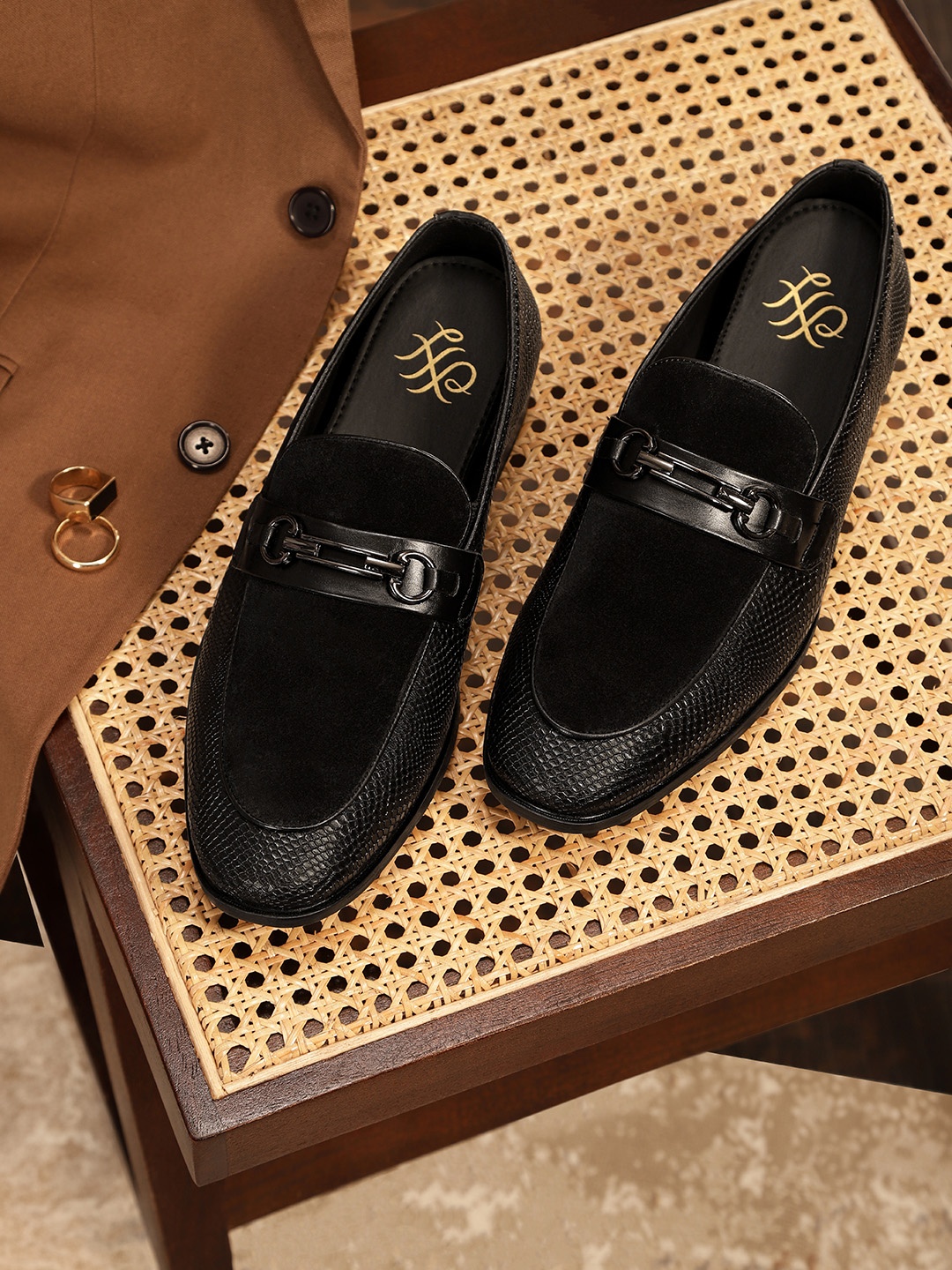 

House of Pataudi Men Textured Formal Horsebit Loafers, Black