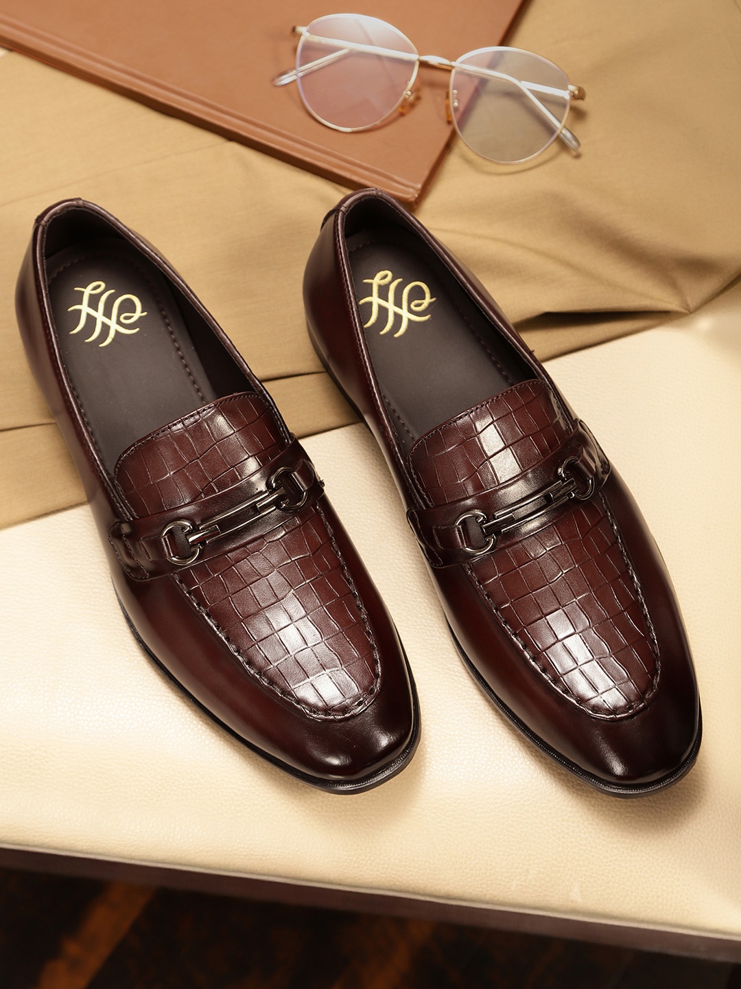 

House of Pataudi Men Textured Formal Horsebit Loafers, Burgundy