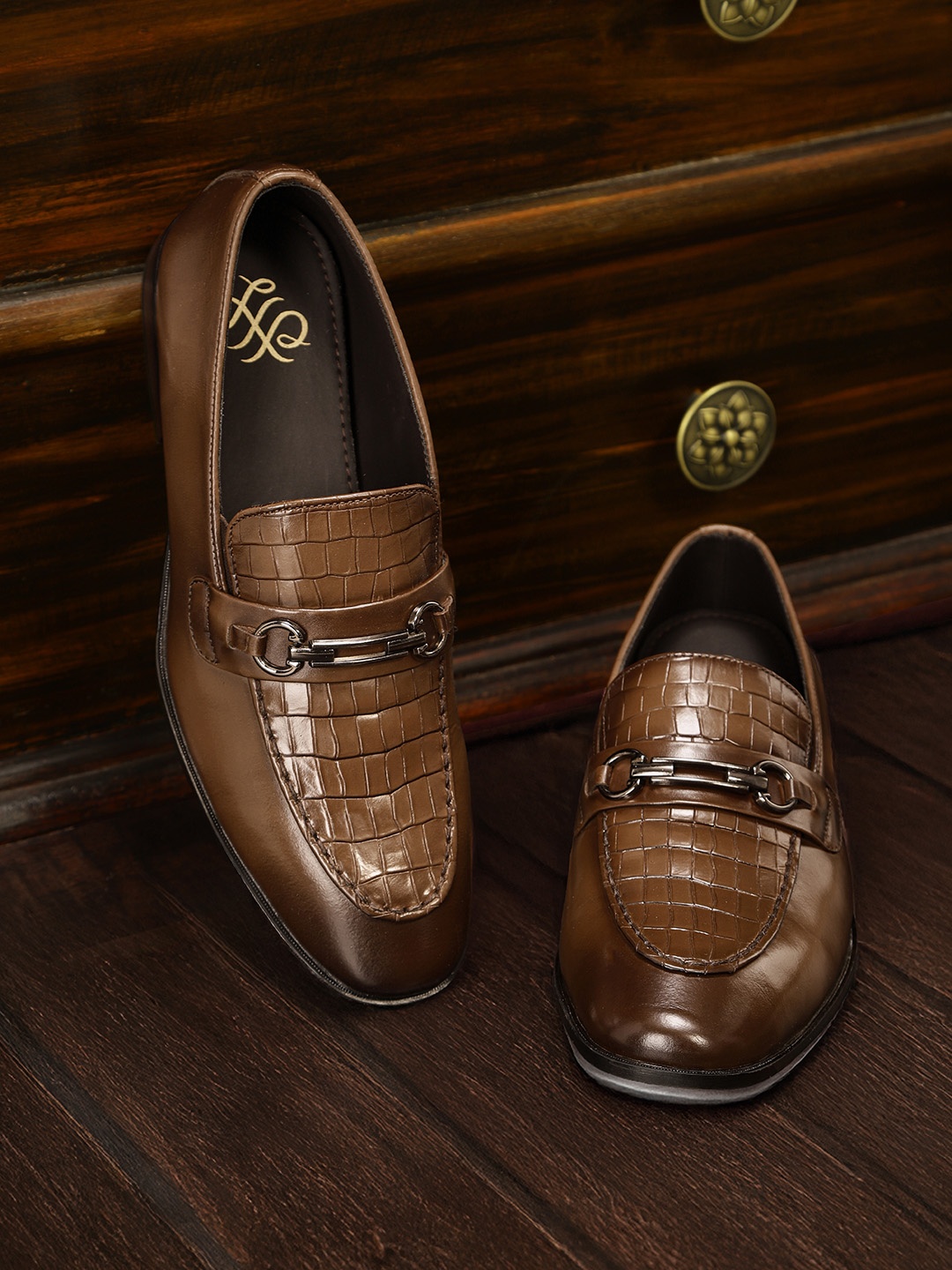 

House of Pataudi Men Textured Formal Horsebit Loafers, Brown
