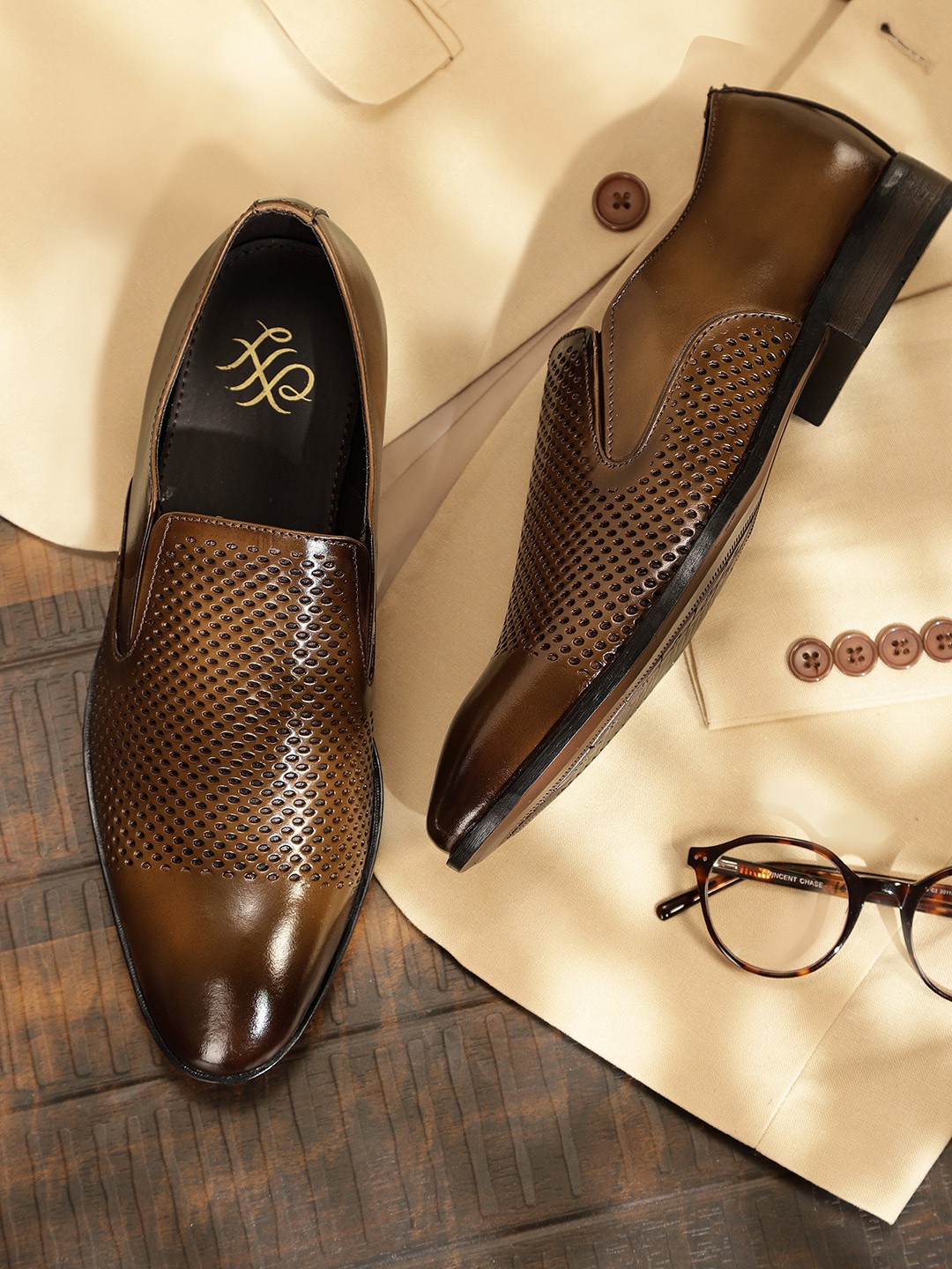 

House of Pataudi Men Perforated Formal Slip-On Shoes, Brown