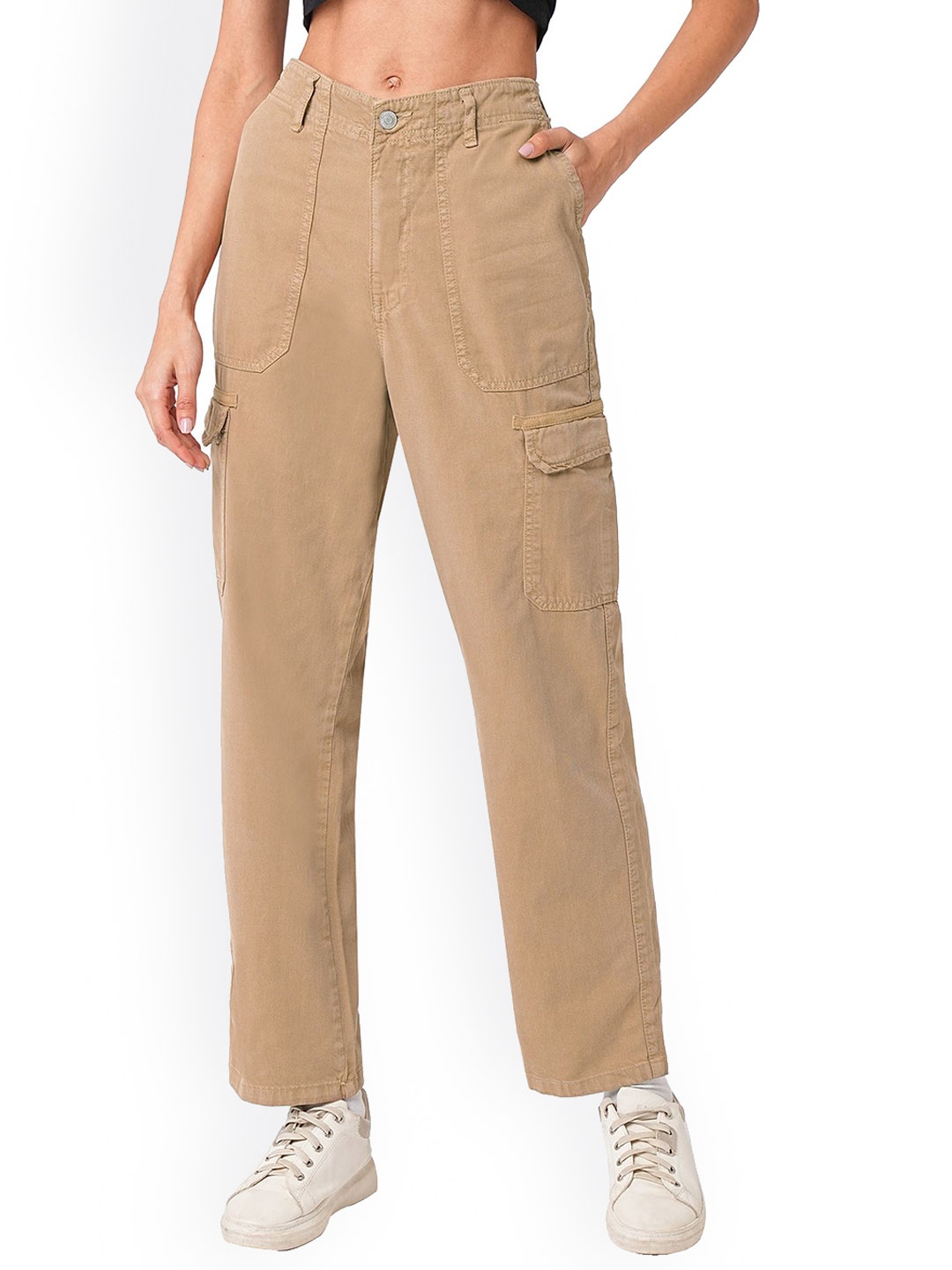 

Kraus Jeans Women High-Rise Loose Fit Cargo Trousers, Brown