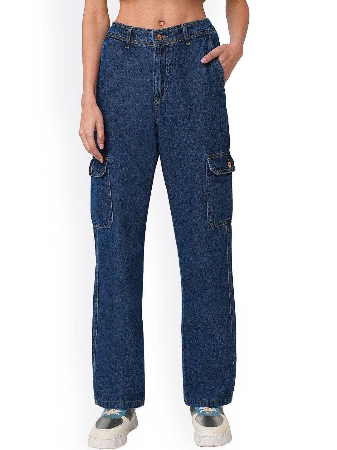 

Kraus Jeans Women Loose Fit High-Rise Cargos Trousers, Blue