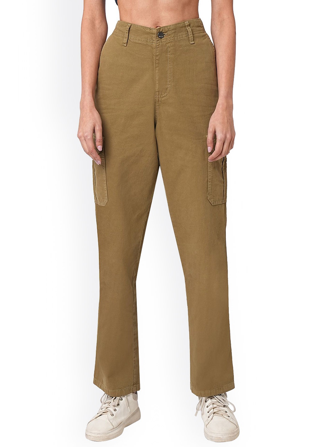

Kraus Jeans Women Loose Fit High-Rise Cargos Trousers, Olive