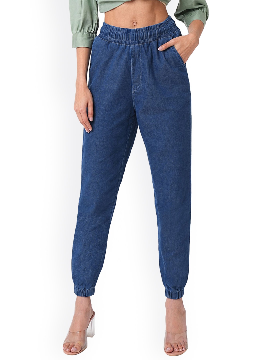 Kraus Jeans Women Loose Fit High-Rise Pleated Joggers Trousers, Blue