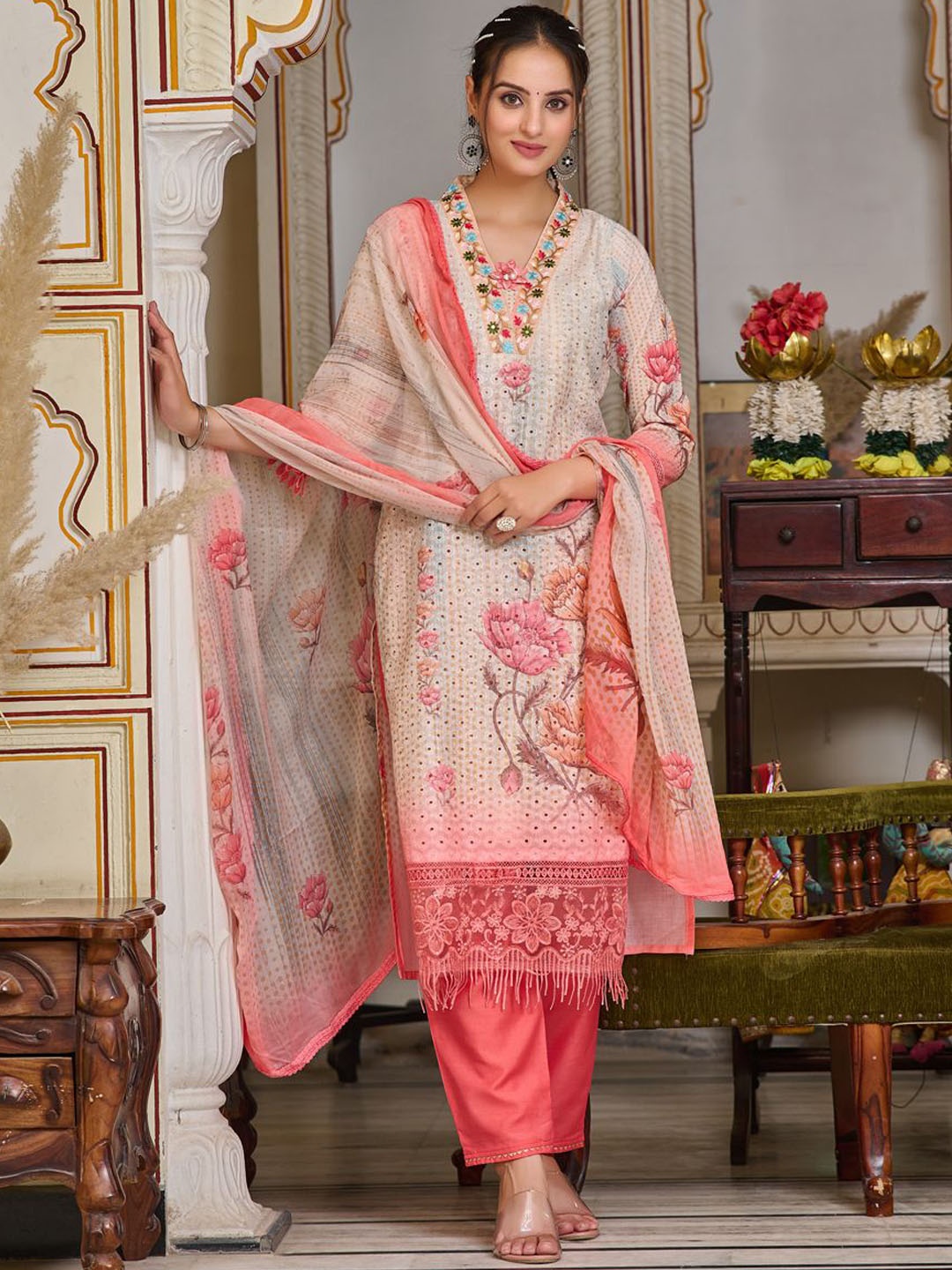 

KALINI Women Floral Embroidered Regular Chikankari Pure Cotton Kurta with Trousers & With Dupatta, Peach