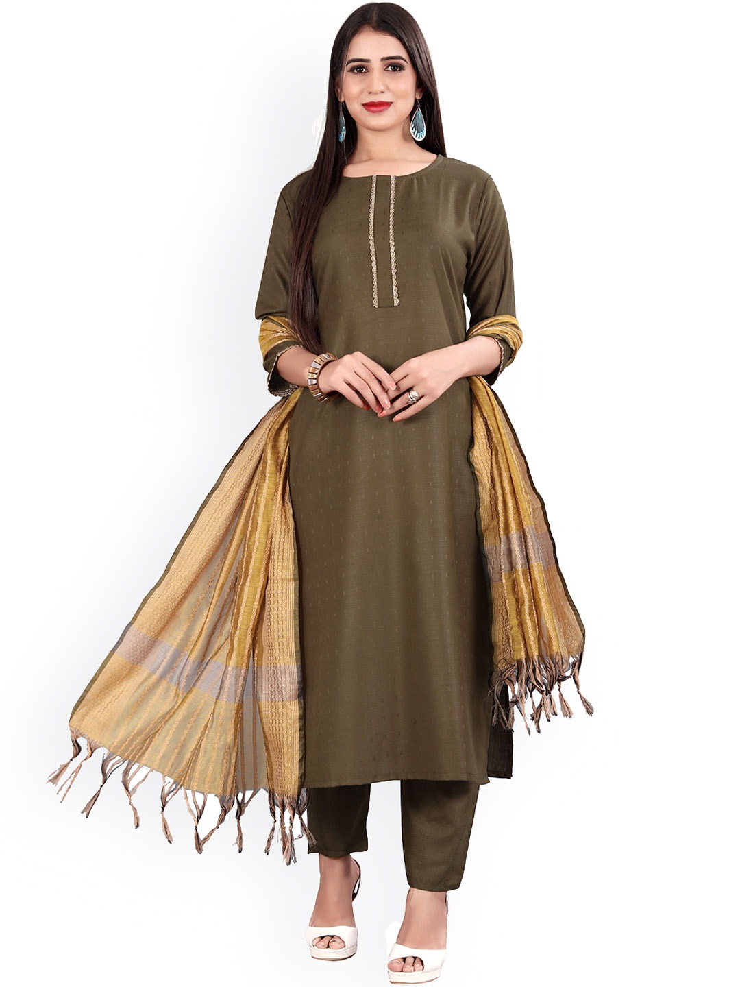 

revika Women Floral Regular Kurta with Trousers & With Dupatta, Khaki