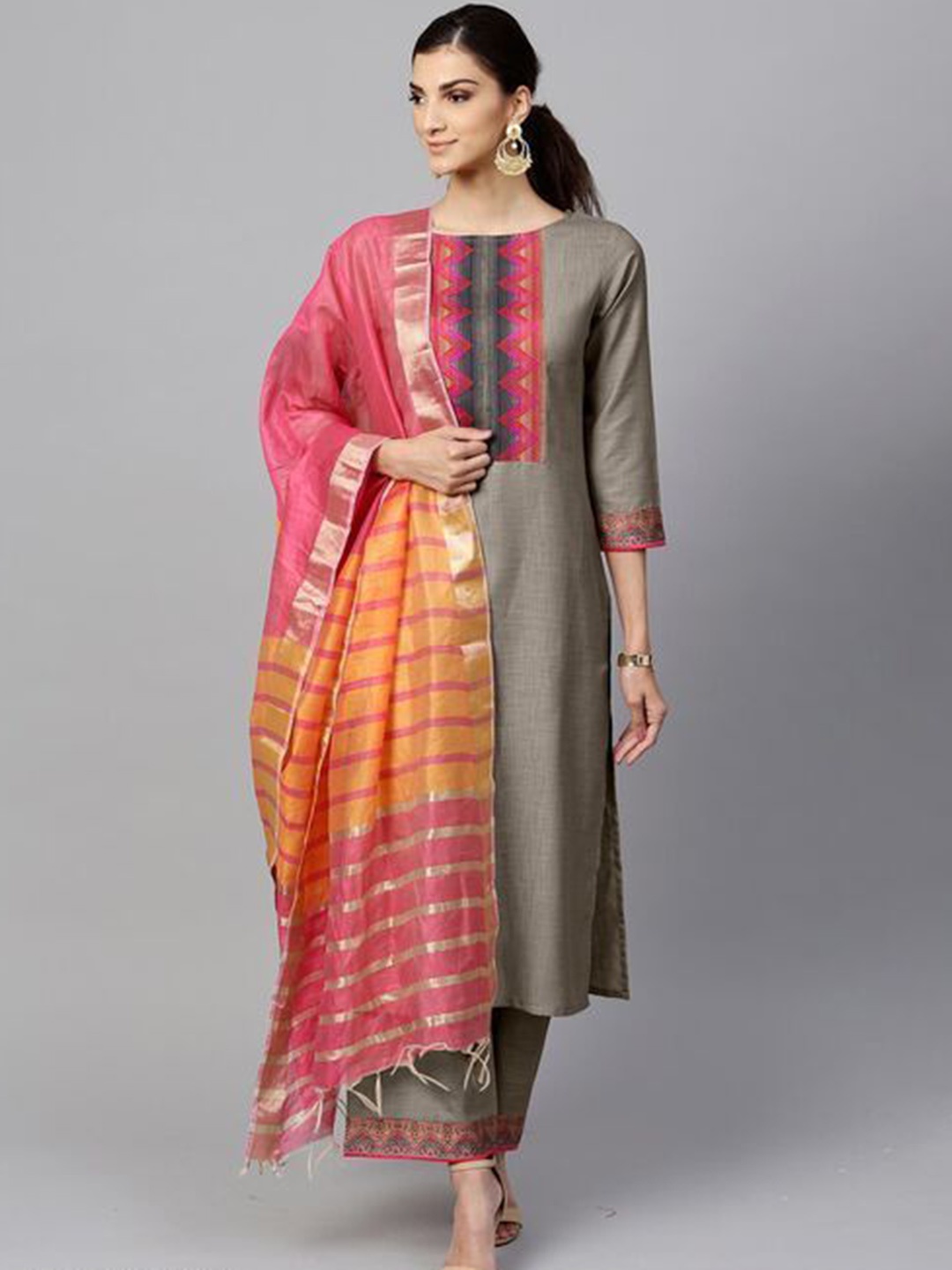 

revika Women Regular Kurta with Trousers & With Dupatta, Grey