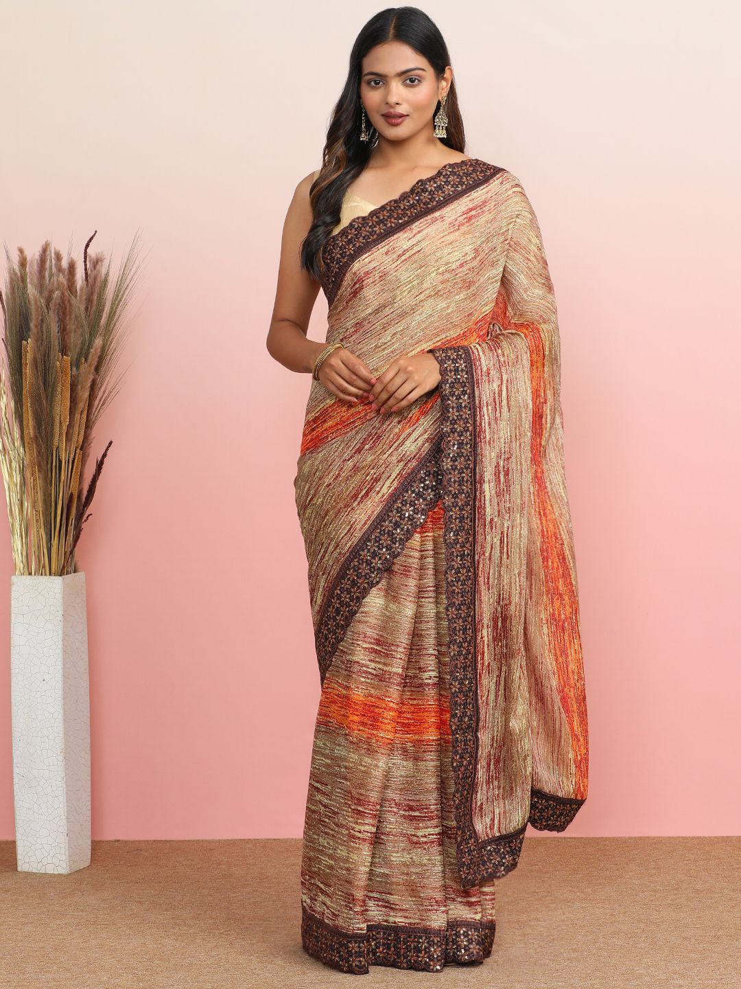 

MAHALASA Embroidered Pure Georgette Saree, Brown