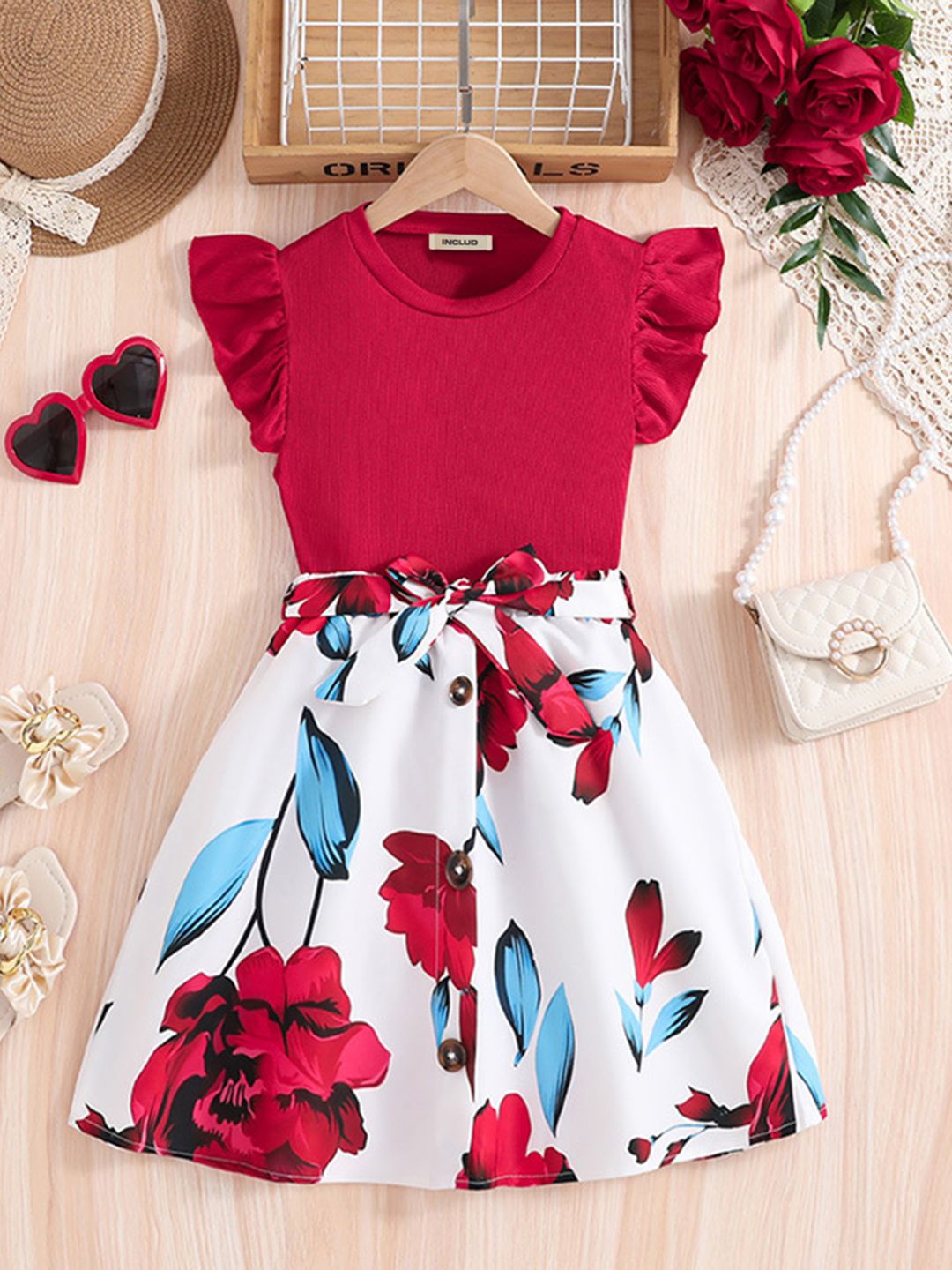 

INCLUD Girls Printed Top with Skirt, Red