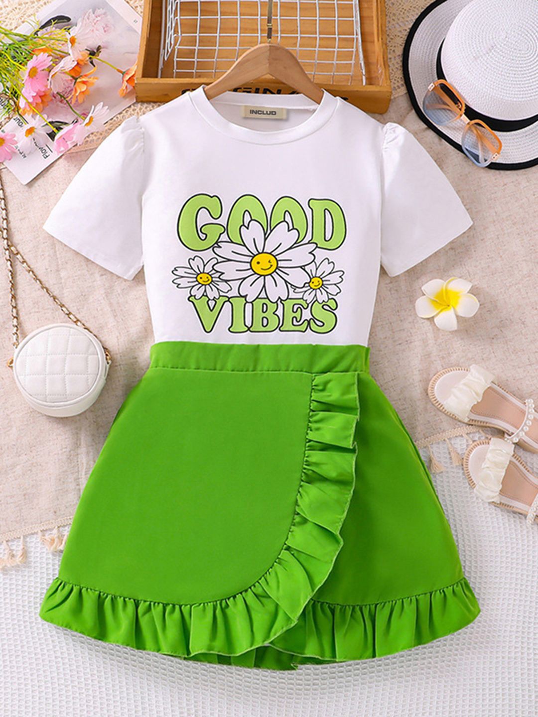 

INCLUD Girls Printed Short Sleeves T-shirt with Skirt, White