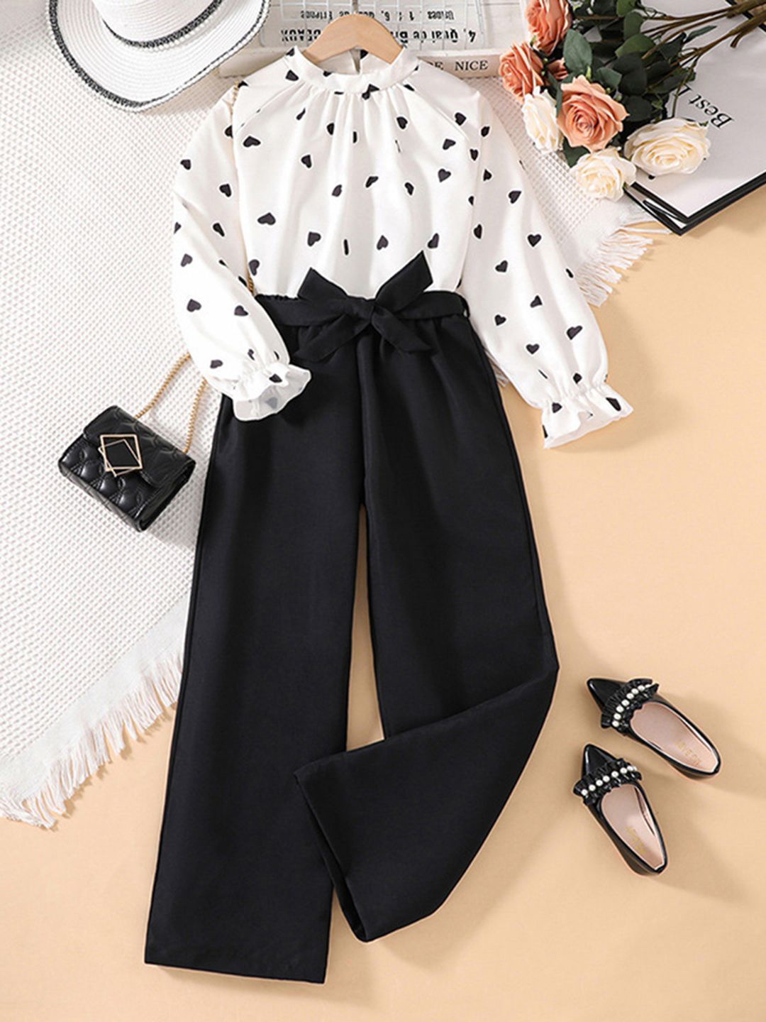 

INCLUD Girls Printed Top with Solid Trousers, Black